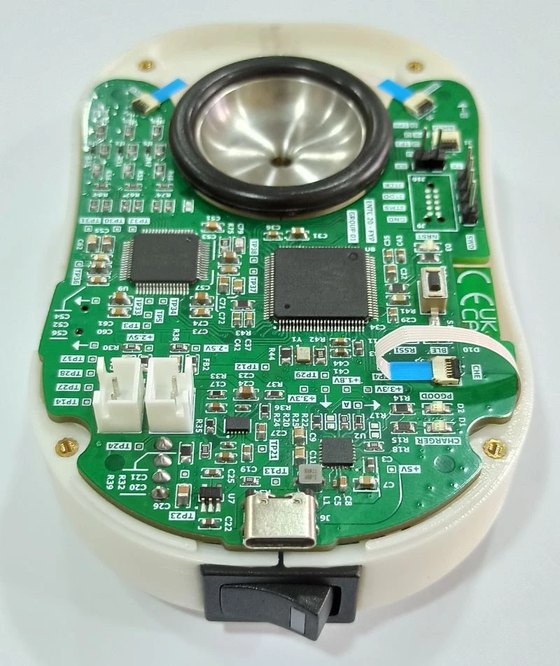 Intelliscope ECG-PCG device: PCB with stethoscope diaphragm in its 3D-printed enclosure